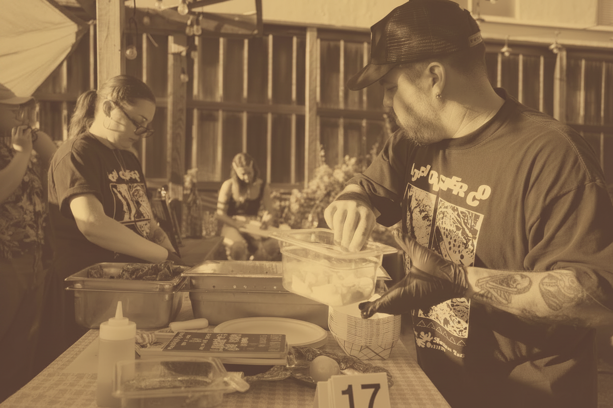 Two men preparing food at an outdoor event with tables and chairs.